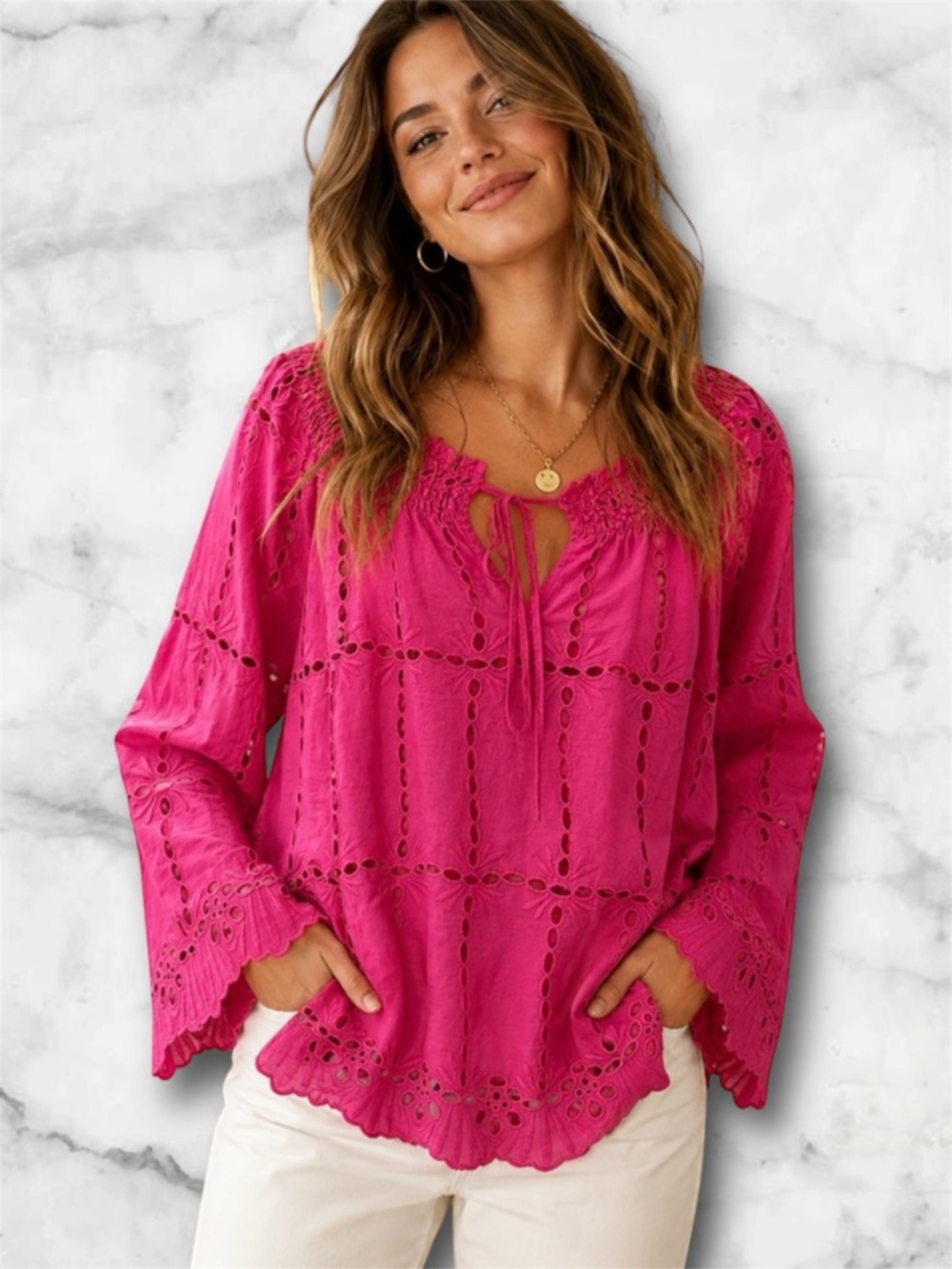 INC International Concepts Pink Eyelet Embroidered Boho Blouse and Cami Size 6